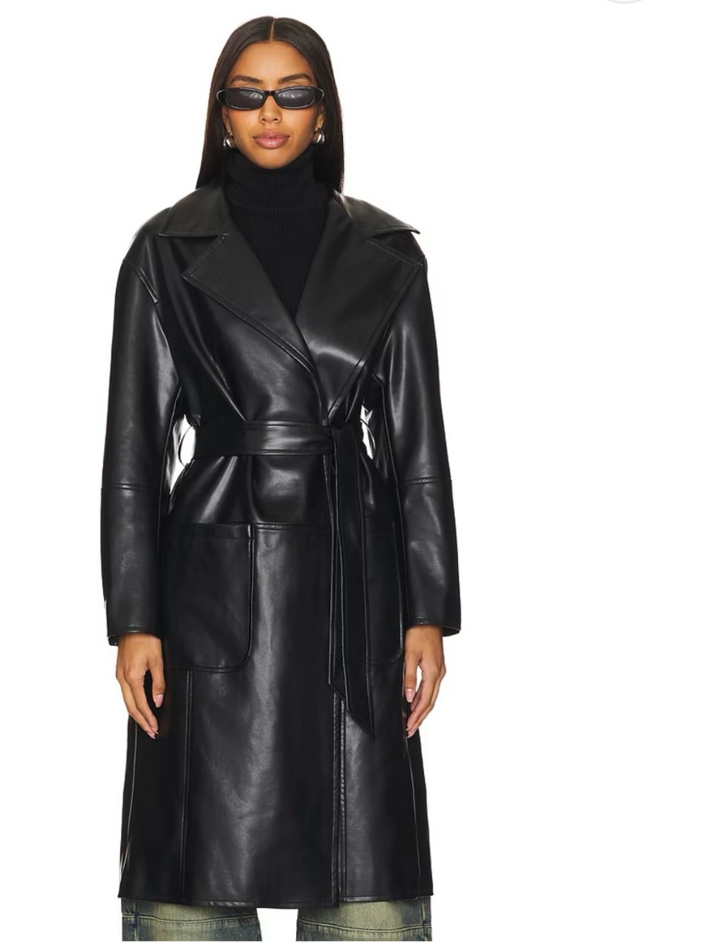 Women's Black Faux Leather Belted Trench Coat